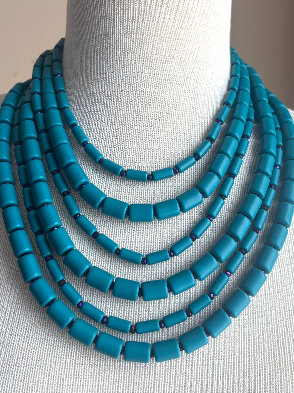 ZENZII Turquoise Blue Multi Strand Beaded Statement Necklace Boho Chic